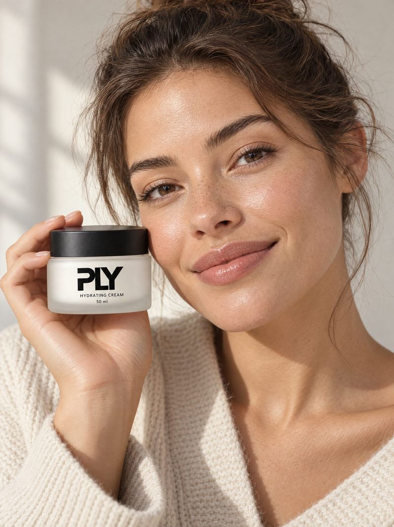 Model hält den PLY-Tiegel lächelnd ans Gesicht
