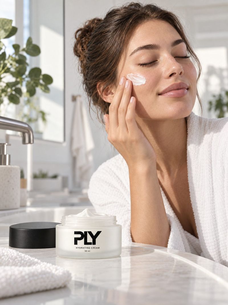 Model trägt Creme auf, der PLY-Tiegel steht im Vordergrund