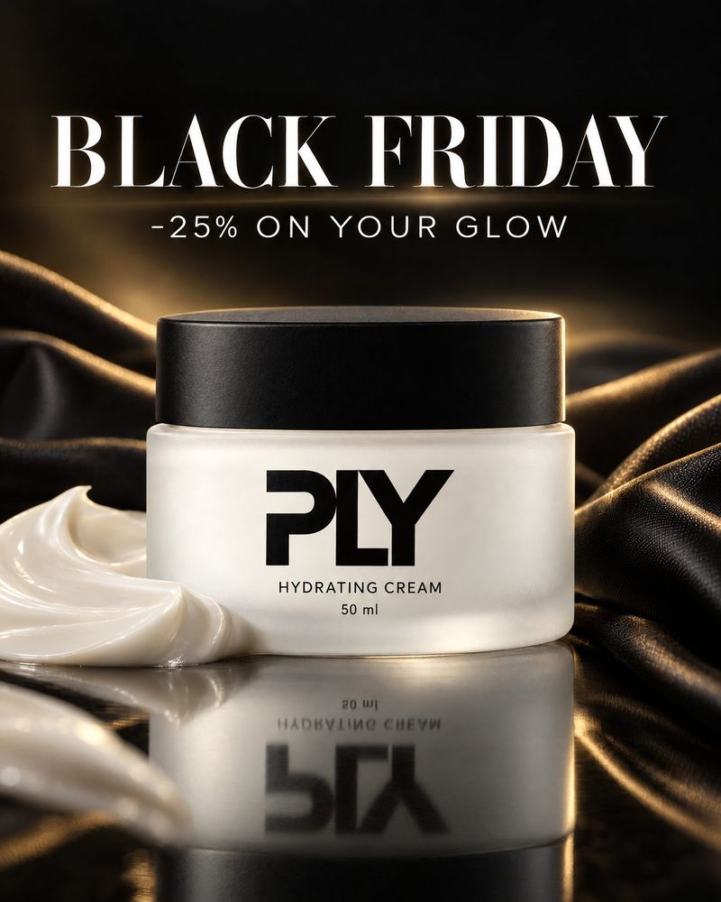 Kampagnenmotiv Black Friday: PLY-Tiegel auf schwarzem Satin, minus 25 Prozent