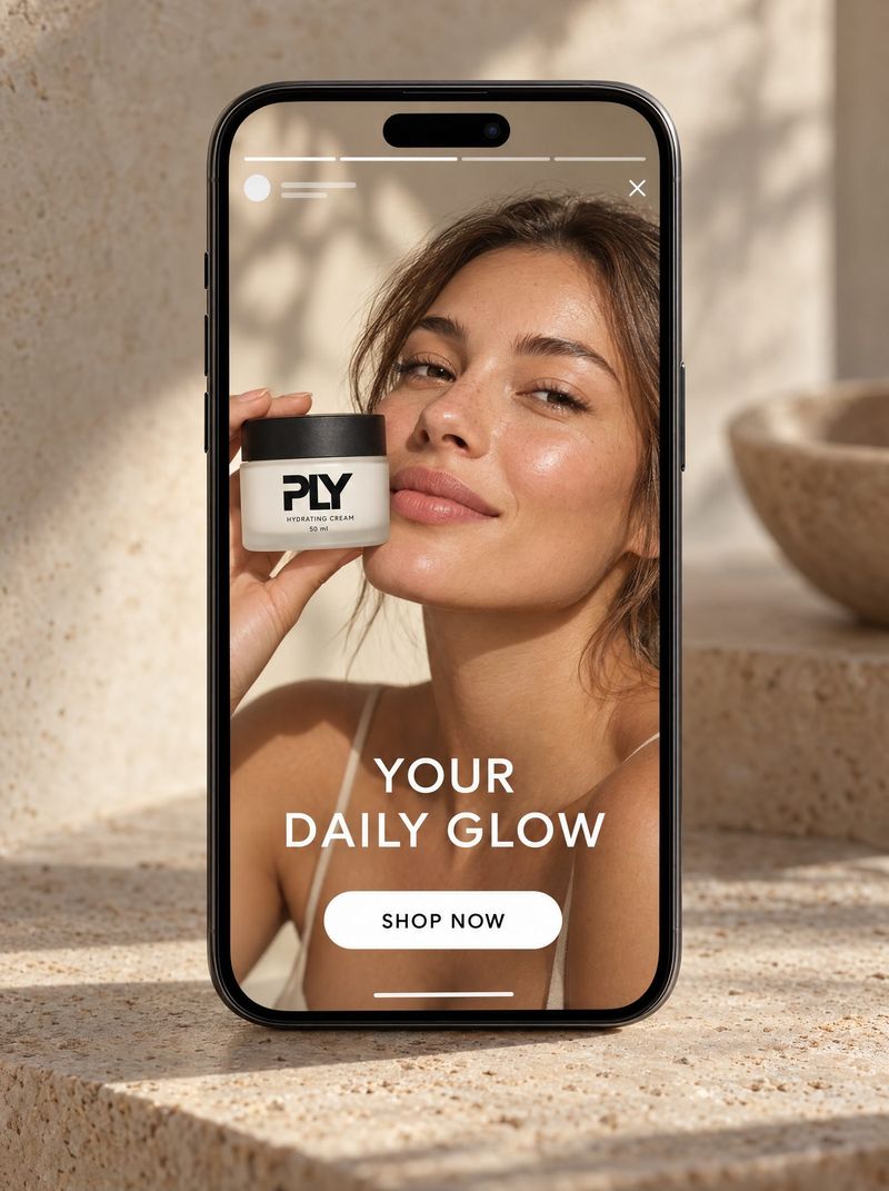 Handy-Mockup mit Instagram-Story: Model mit PLY-Tiegel, Text „Your daily glow“