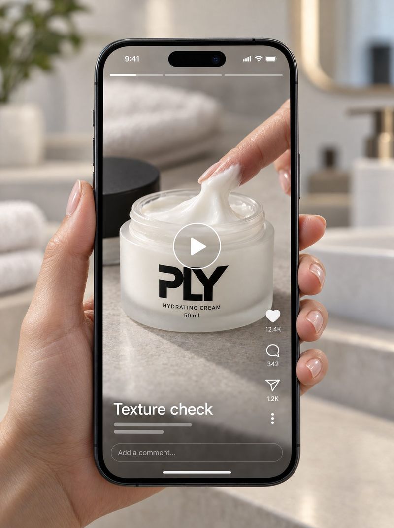 Handy-Mockup mit Reel: Creme im PLY-Tiegel, Text „Texture check“