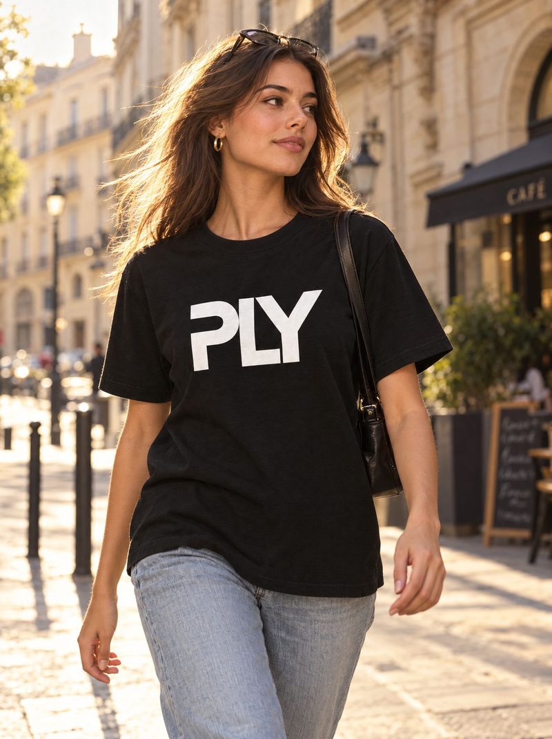 Model im PLY-T-Shirt auf einer Altstadtstraße im Abendlicht