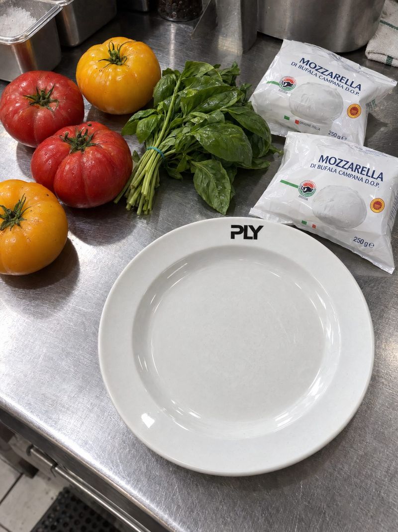 Handyfoto: Tomaten, Mozzarella, Basilikum und ein leerer PLY-Teller auf Edelstahl