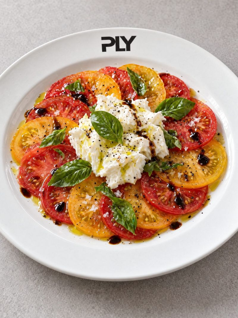 Fertiges Gericht: Tomaten-Mozzarella-Carpaccio auf PLY-Teller, von oben