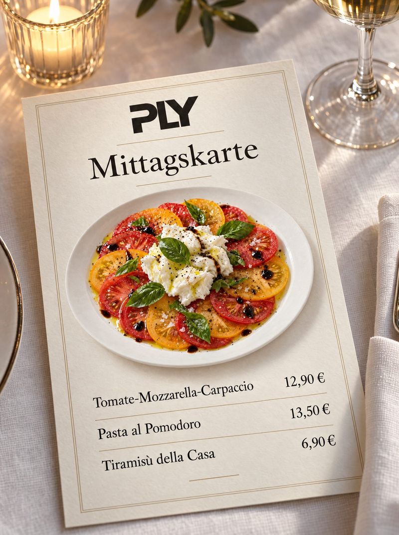 Gedruckte Mittagskarte mit Foto des Carpaccio und drei Gerichten