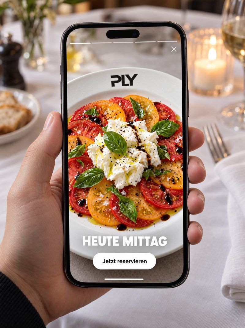 Handy-Mockup mit Story: „Heute Mittag“, Button „Jetzt reservieren“