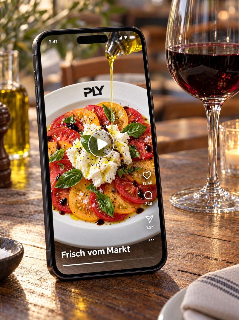 Handy-Mockup mit Reel des Carpaccio, Text „Frisch vom Markt“